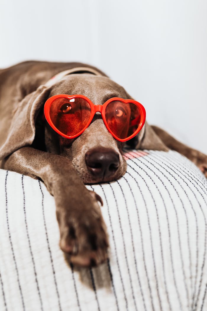 who-we-are Cute dog lounging indoors with red heart sunglasses, lying relaxed on a cushion.