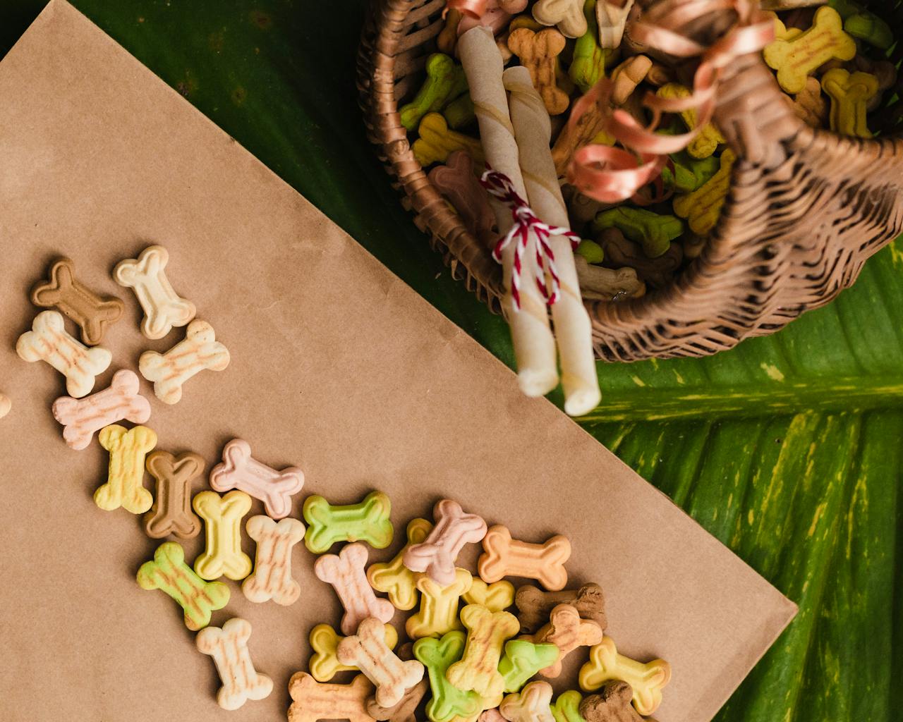 team-01 A flat lay of colorful dog bone treats scattered from a woven basket on a leaf surface.